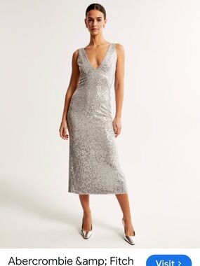 Abercrombie & Fitch Silver Sequin V-Neck Midi  Dress